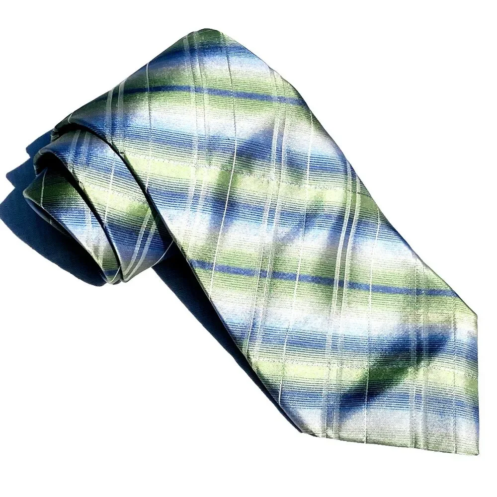 Perry Ellis Portfolio Tie Tartan Plaid Shiny Blue Green Irish Celtic Summer Scot